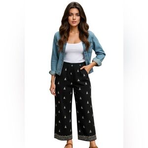 Calligraphie Boho Linen Blend Embroidered Wide Leg Pants High Waist Size Large
